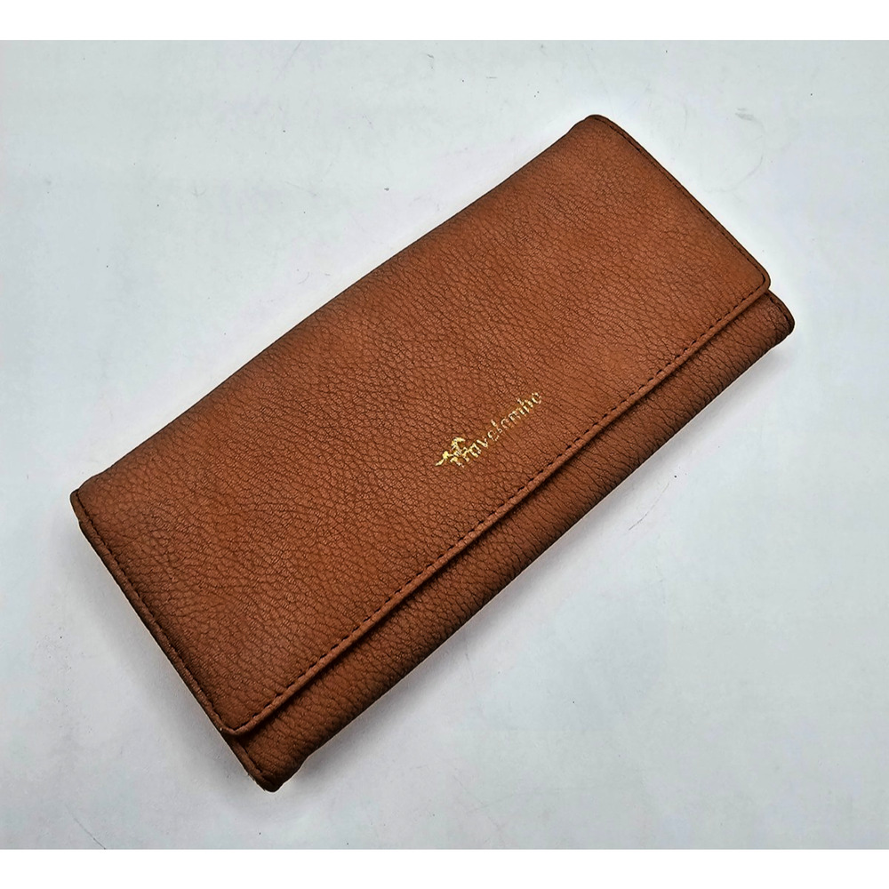 Travelambo Tri Fold Travel Wallet Brown Leather Checkbook Size